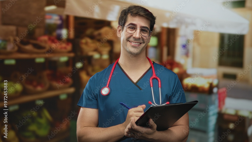 Fototapeta premium Man doctor in scrubs with stethoscope holds clipboard and points finger in market building; reassurance health advice.