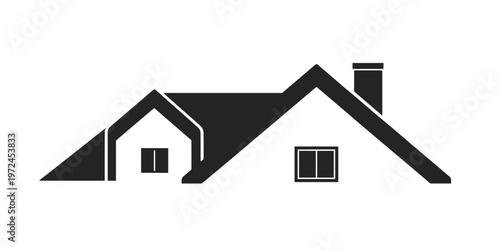 Black silhouette of a house roof with chimney and windows
