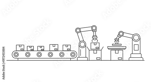 Automated assembly line with robotic arms packing boxes in a factory, industrial automation concept