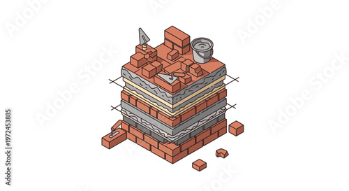 Isometric illustration of bricklaying process showing layers of bricks, mortar, and building materials