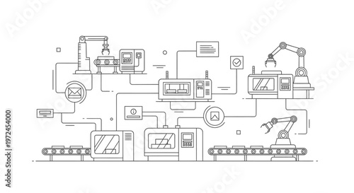 Modern industrial automation system featuring robotic arms, conveyor belts, and interconnected machinery for smart manufacturing and efficient production. Line art illustration.