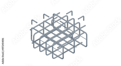 Abstract 3D render of a steel rebar grid structure, an essential reinforcement framework for modern construction and architectural foundations, isolated on white.