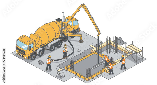 Isometric illustration of concrete pouring at a construction site with a mixer truck, pump, and workers forming a building foundation.