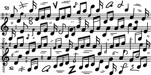 Musical notes and symbols on sheet music  various black notes and rests