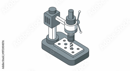Isometric illustration of a drill press machine with a workpiece being drilled, industrial equipment concept