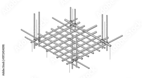 Reinforced concrete slab construction with steel rebar grid and columns, isometric view, architectural blueprint style