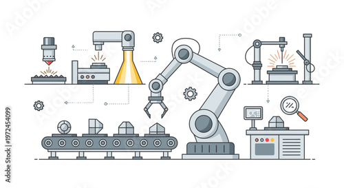 Industrial automation line with robotic arm, conveyor belt, and laser cutting machine, modern manufacturing concept