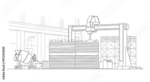 3D concrete printing construction site with robotic arm and cement mixer, industrial engineering concept illustration