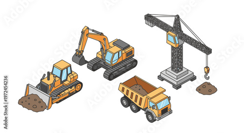 Isometric construction vehicles set: bulldozer, excavator, dump truck, and crane with dirt piles on white background