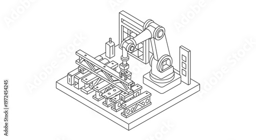 Isometric line art illustration of an automated industrial robot arm on a production line with conveyor belts and machinery