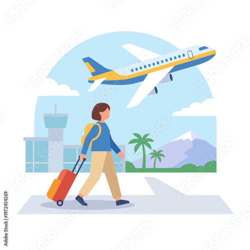 Traveler Woman with Suitcase Walking at Airport Terminal