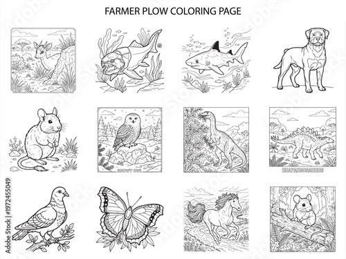 Farmer plow coloring page featuring farm scenes and wild creatures in detailed black and white vector illustration set