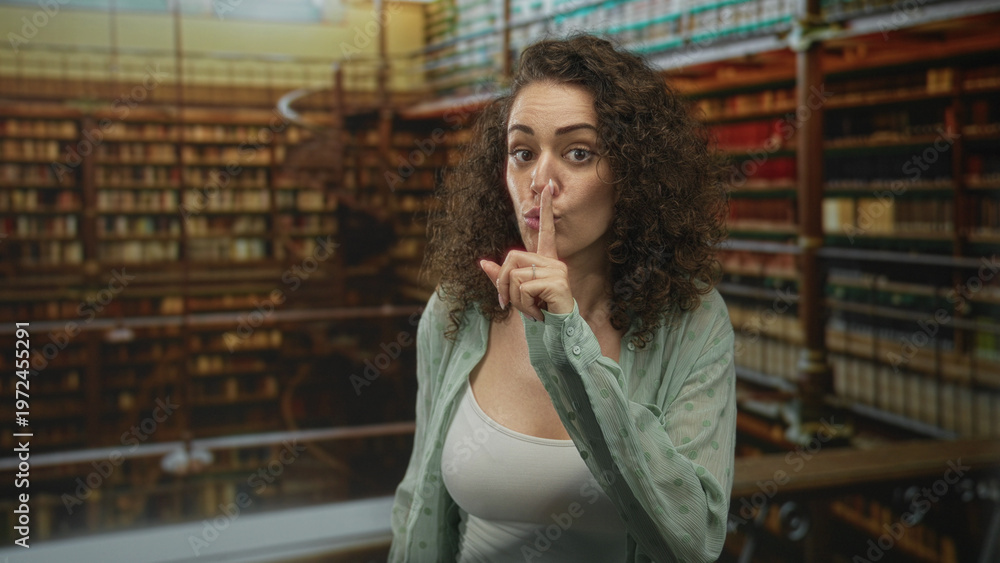 Fototapeta premium Woman finger to lips for silence in library building, bookshelves behind and white tank top visible, looking at camera with index finger; study silence.