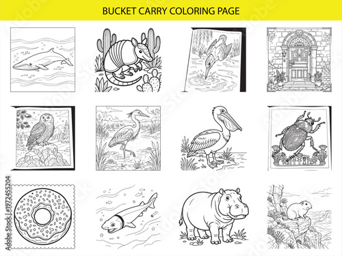 Twelve intricate animal and landscape line art illustrations for coloring page featuring dolphin armadillo owl and door