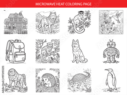 Diverse animal and object coloring page set featuring house wolf lemur hummingbird backpack monkey husky robot baboon and hedgehog