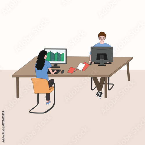Two office workers analyzing business data at shared desk with desktop monitors flat illustration