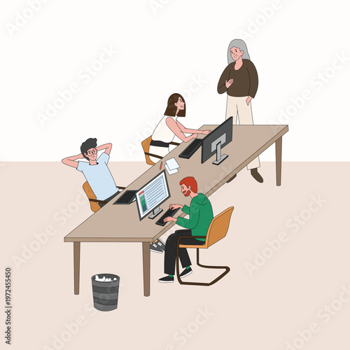 Senior manager supervising a team working at an L-shaped office desk flat illustration