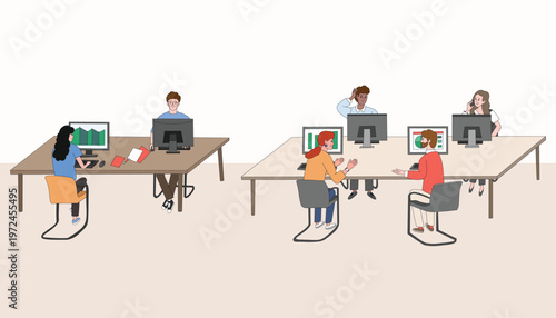 Two office scenes showing data analytics and team collaboration at shared desks flat illustration set of 2