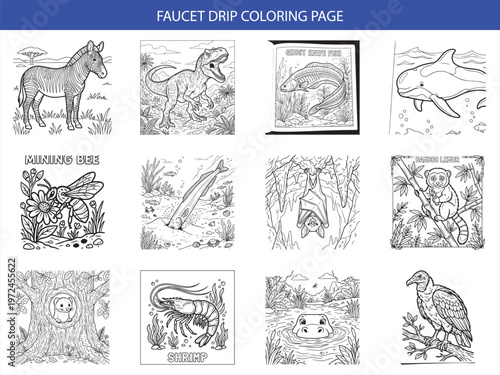 Faucet drip coloring page collection featuring unique aquatic life and exotic animals in clean black and white vector art