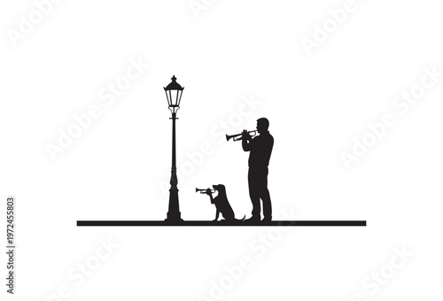 Black silhouette, street musician, dog, lamp post, city scene, vector illustration