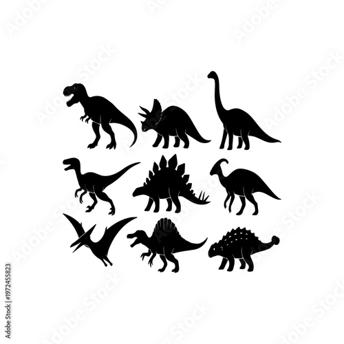 A bold and minimal dinosaur silhouette illustration designed in a clean black vector icon style. The shape features smooth, well-defined contours with sharp edges and a simple structure, creating a st