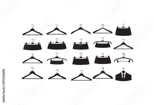 Fashion clothing icons, garment hangers, black silhouettes, vector graphics
