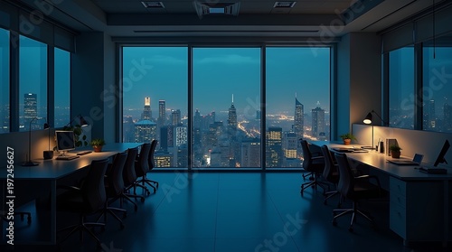 Nighttime Office Environment with Desks and Computers Against Glowing City Skyline