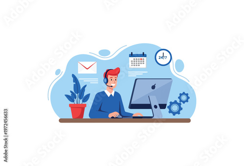 Businessman working on computer, office workspace vector, flat design, blue color scheme, productivity icons