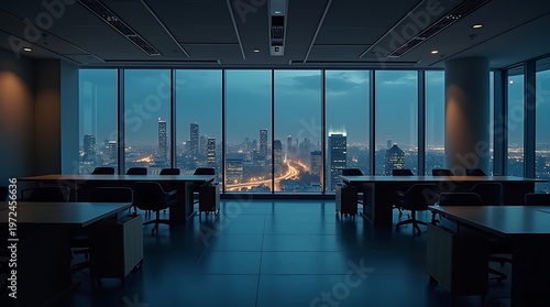 Dark Contemporary Office Setting for Business Finance and Late Night Work Concepts