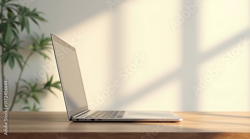 Modern Laptop on Wooden Desk with Copy Space and Soft Sunlight
