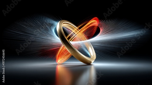 Golden rings combine with vibrant light patterns in an abstract display