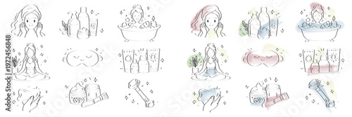 Self Care Routine Outline Icons Set, Hand Drawn Wellness and Skincare Doodle Vector Collection

