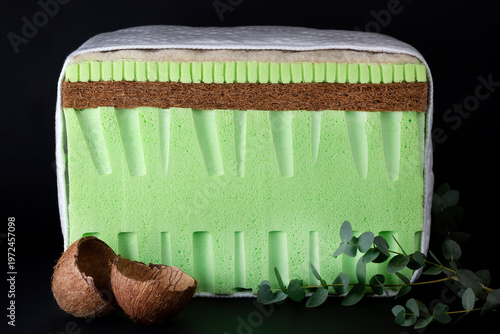 Canvas Print Close-up of a green latex foam block combined with coconut coir and latex layers on a black background