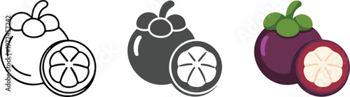 Minimalist mangosteen fruit vector icon set featuring line art silhouette and flat purple color styles for exotic tropical food branding and healthy organic nutrition.