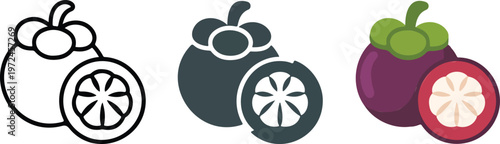 Minimalist mangosteen fruit vector icon set featuring line art silhouette and flat purple color styles for exotic tropical food branding and healthy organic nutrition.
