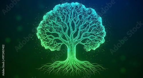 3d glowing neon brain tree with neural network roots on dark background