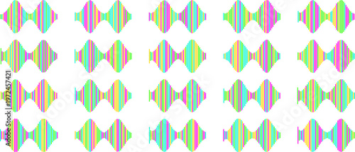 Abstract geometric vector pattern featuring 20 colorful diamond shapes with vertical stripes. Vibrant pastel rainbow diamond icons set on a clean white background. Modern minimalist geometric