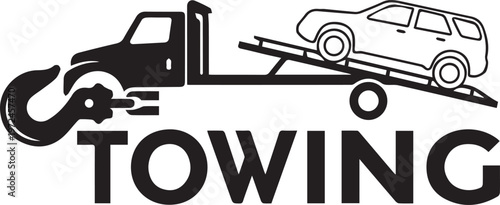 Foto Flatbed Tow Truck Icon, Car Recovery Service Silhouette Vector with Towing Text