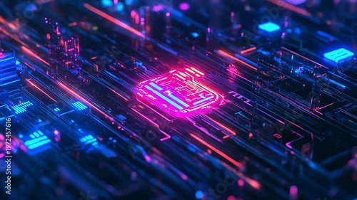 Abstract digital circuit board illuminated with neon lights and geometric patterns