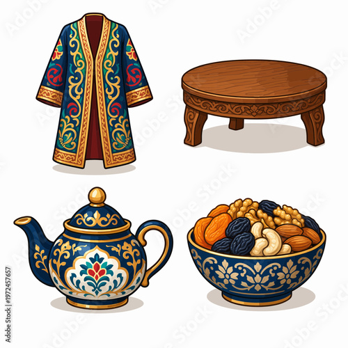 Traditional Central Asian cultural items including a decorated robe, a low wooden table, an ornate teapot, and a bowl of dried fruits and nuts.