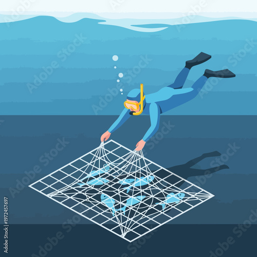 Scuba diver catching fish with net underwater.