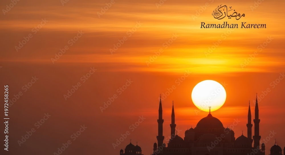 Obraz premium Ramadan Kareem sunset over a mosque silhouette with Arabic calligraphy.