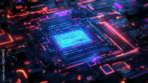 Abstract digital circuit board illustration with glowing neon lines
