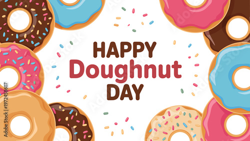 Colorful donuts with sprinkles on white background celebrating happy doughnut day