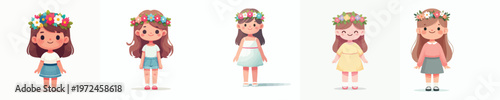 vector of a little girl standing wearing a crown of flowers on spring