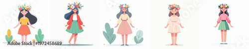 vector of a woman standing wearing a crown of flowers on spring
