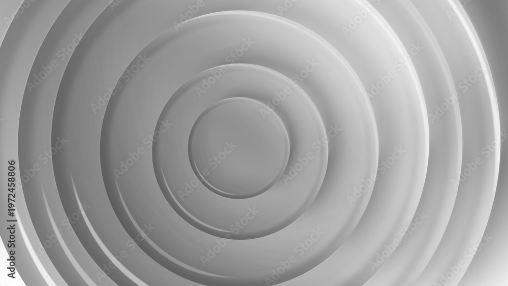 Fototapeta premium A clean and minimalist 3D rendering featuring white and grey concentric rings, creating a smooth ripple effect with a modern geometric feel.