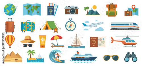 Travel flat vector illustrations, elements set. Summer vacation and tourism icons clipart collection