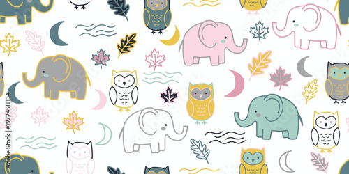 Commercial ready seamless pattern featuring hand-drawn owls and elephants. Ideal for nursery wallpaper, baby apparel, textiles, and kids stationery.