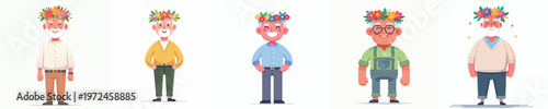 vector of a grandpa standing wearing a crown of flowers on spring